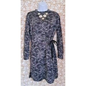 Women's Sz. 12 Tunic Dress Black Geometric Print Side Tie Long-Sleeve Mock Neck